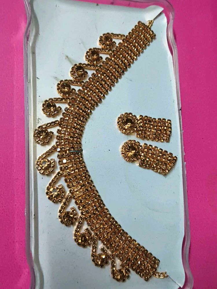 Gold Rhinestone Necklace &amp; Earring Set