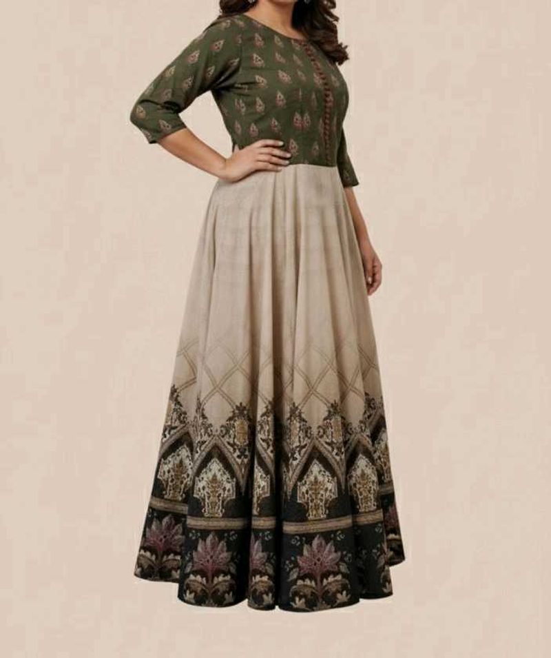 Elegant Olive &amp; Beige Maxi Dress/Kurti