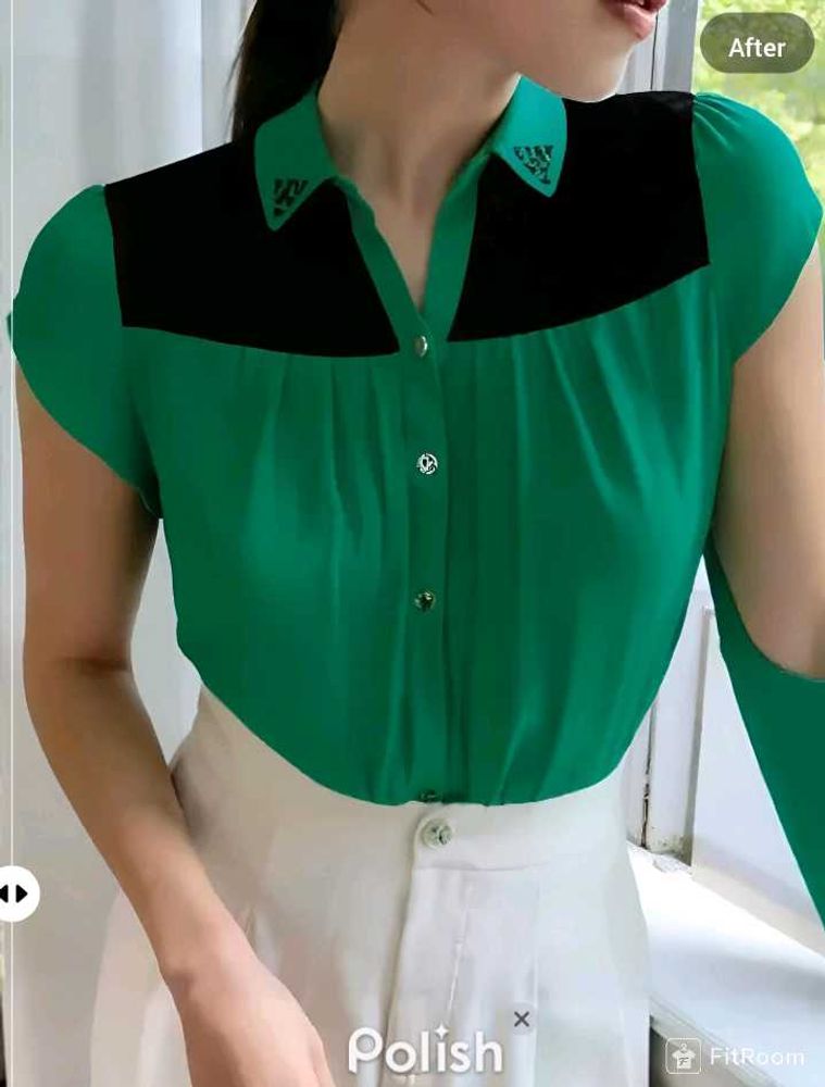 New With Tag Green Frill Korean Flair Top