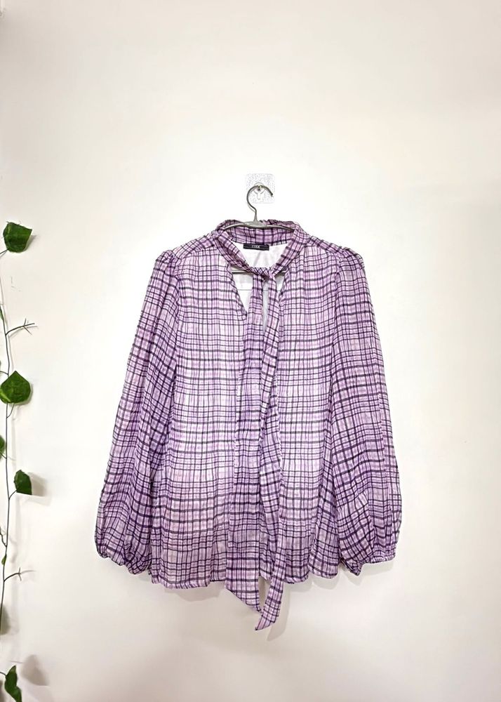 Purple Plaid Tie-Neck Blouse