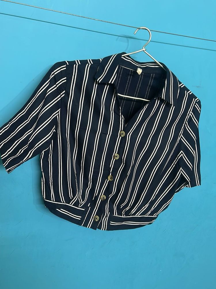 Striped Short Sleeve Button-Up Top