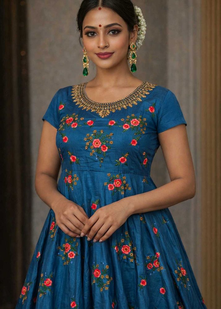 Elegant Blue Floral Embroidered Dress