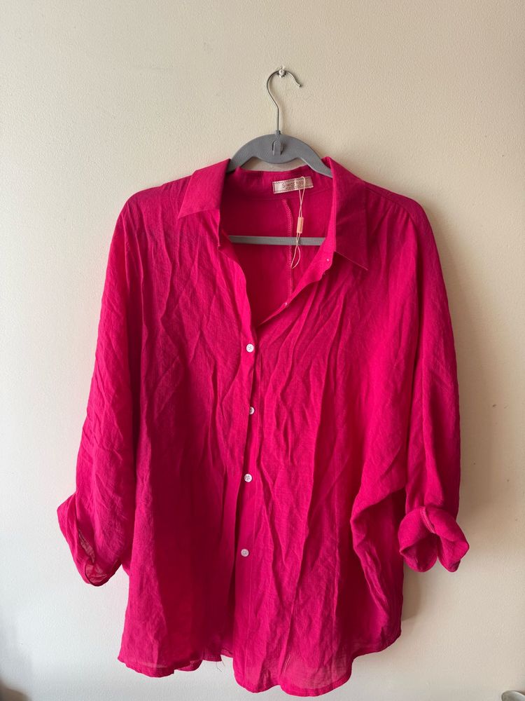 Hot Pink Linen Button-Down
