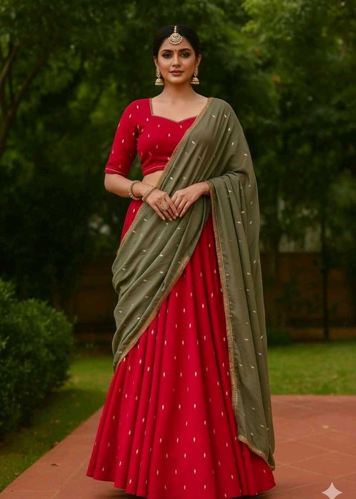 vibrant red lehenga with contrast olive green dupt