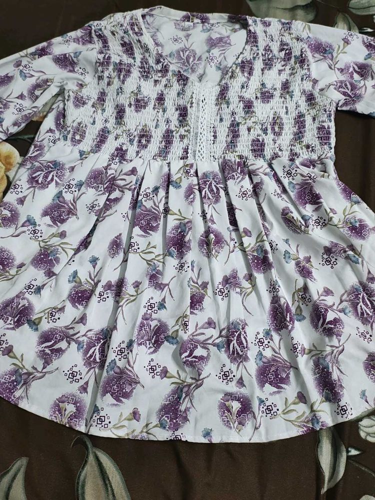New White Top With Purple Prints