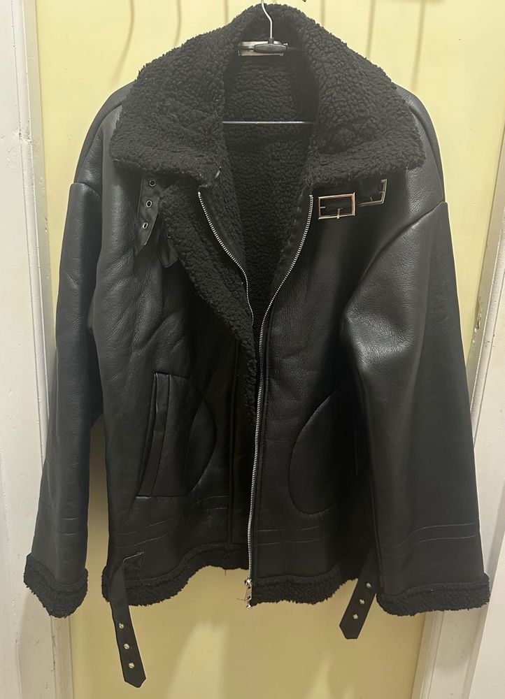 Black Faux Leather Sherpa Jacket
