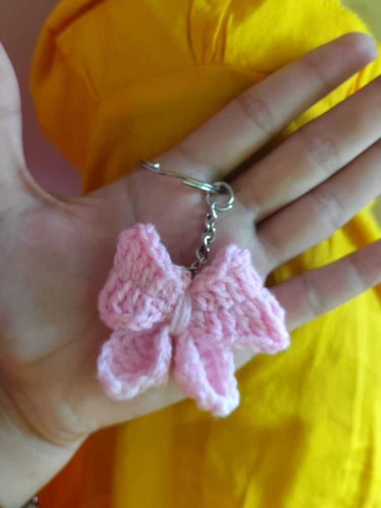 Crochet Pink Bow Keychain