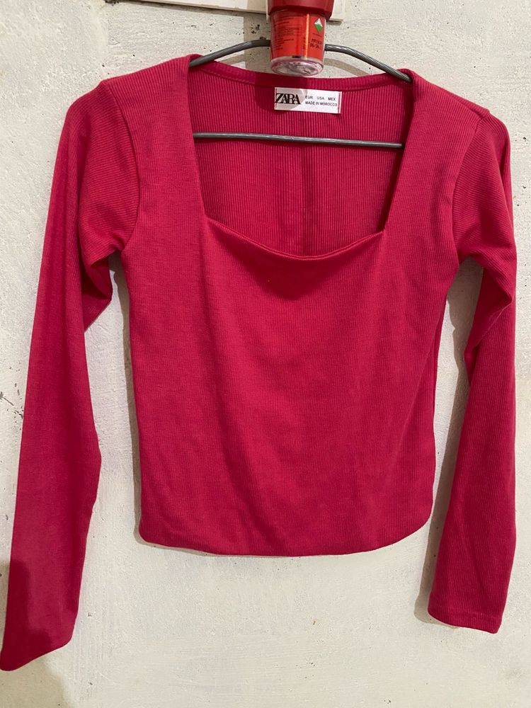 Zara Pink Square Neck Long Sleeve Top