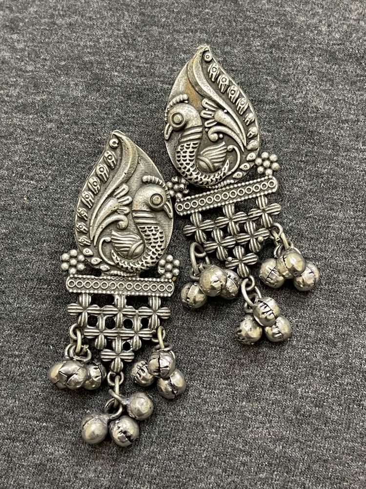 Silver Replica Peacock With Ghungoor Earring