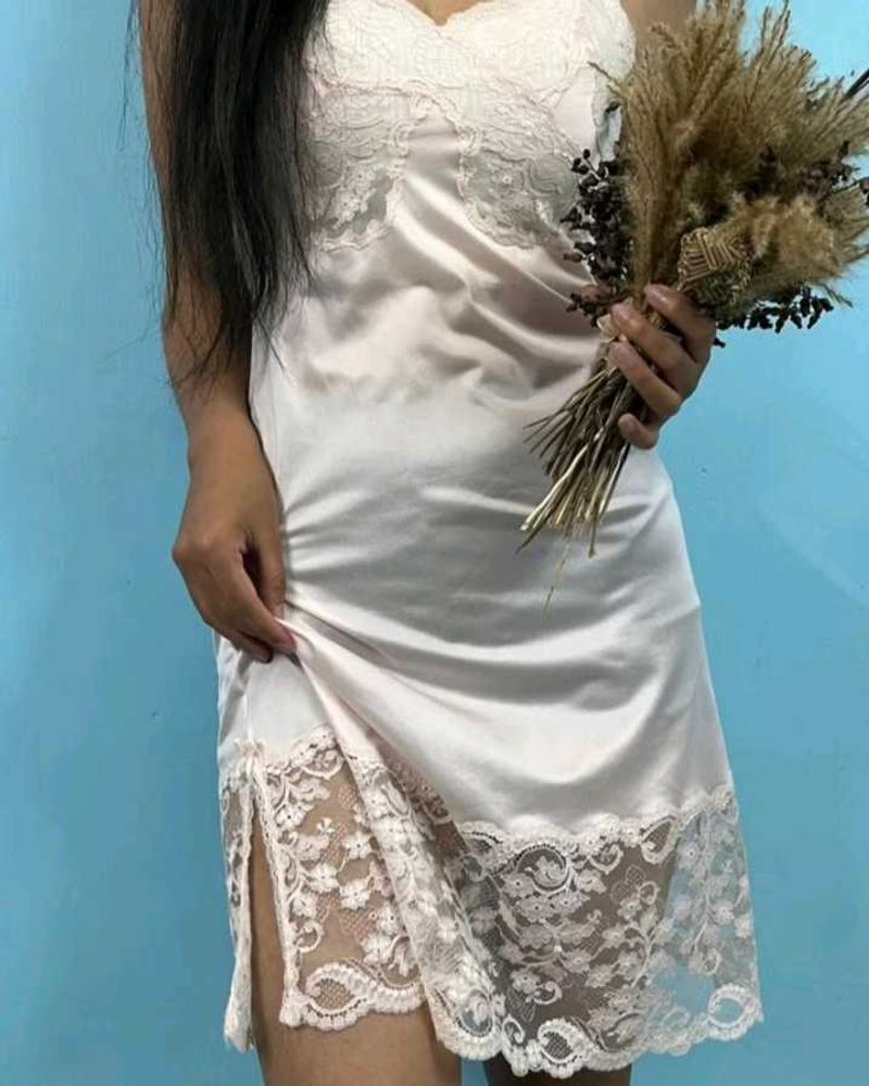 Light Baby Pink Night Slip Dress With Lace Details