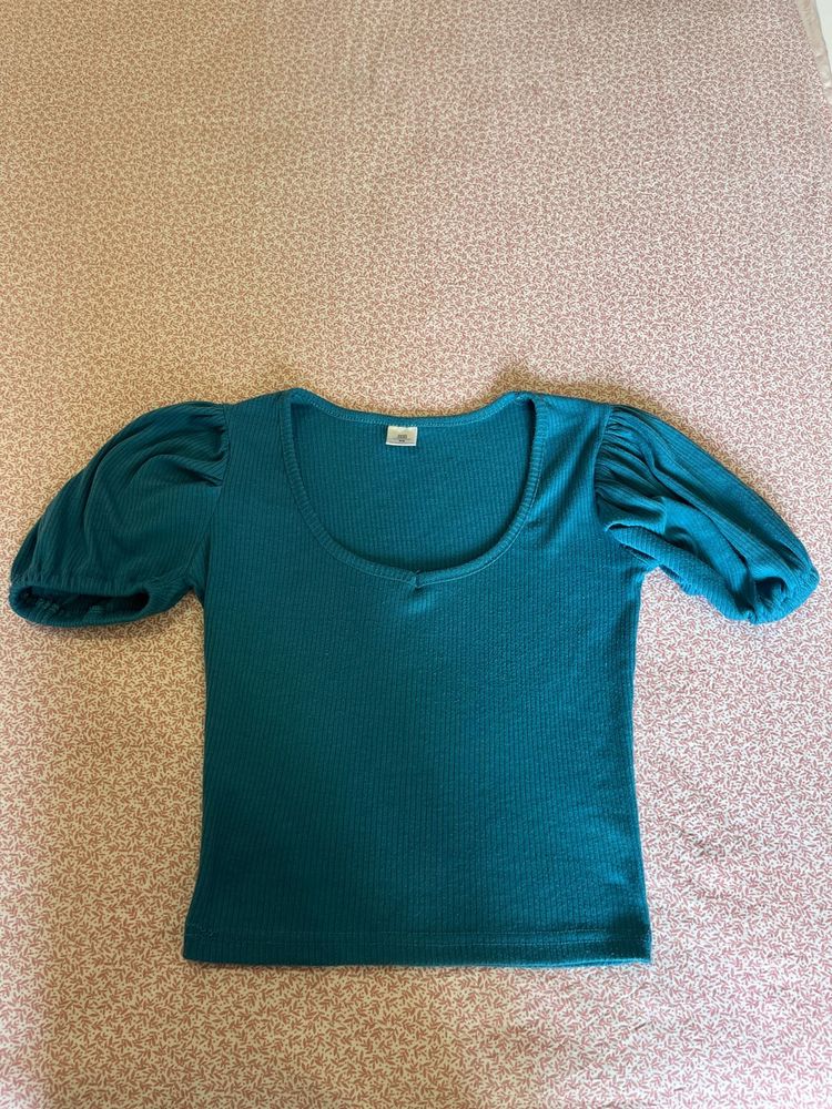 Women Turquoise Top With Puffed Sleeves