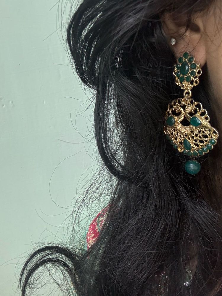 Green &amp; Gold Peacock Dangle Earrings