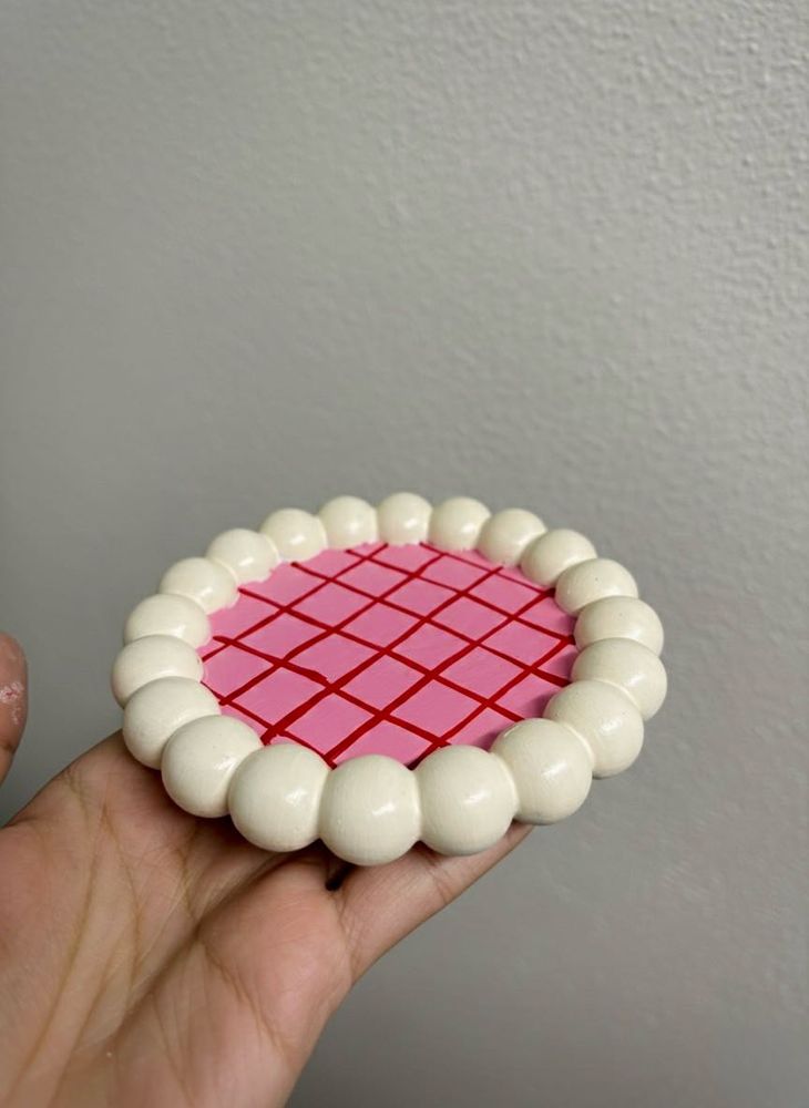 Pink Beaded Coaster | Grid Pattern Decor