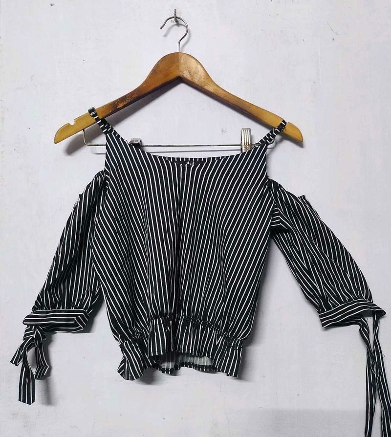 Striped Cold Shoulder Tie-Sleeve Top