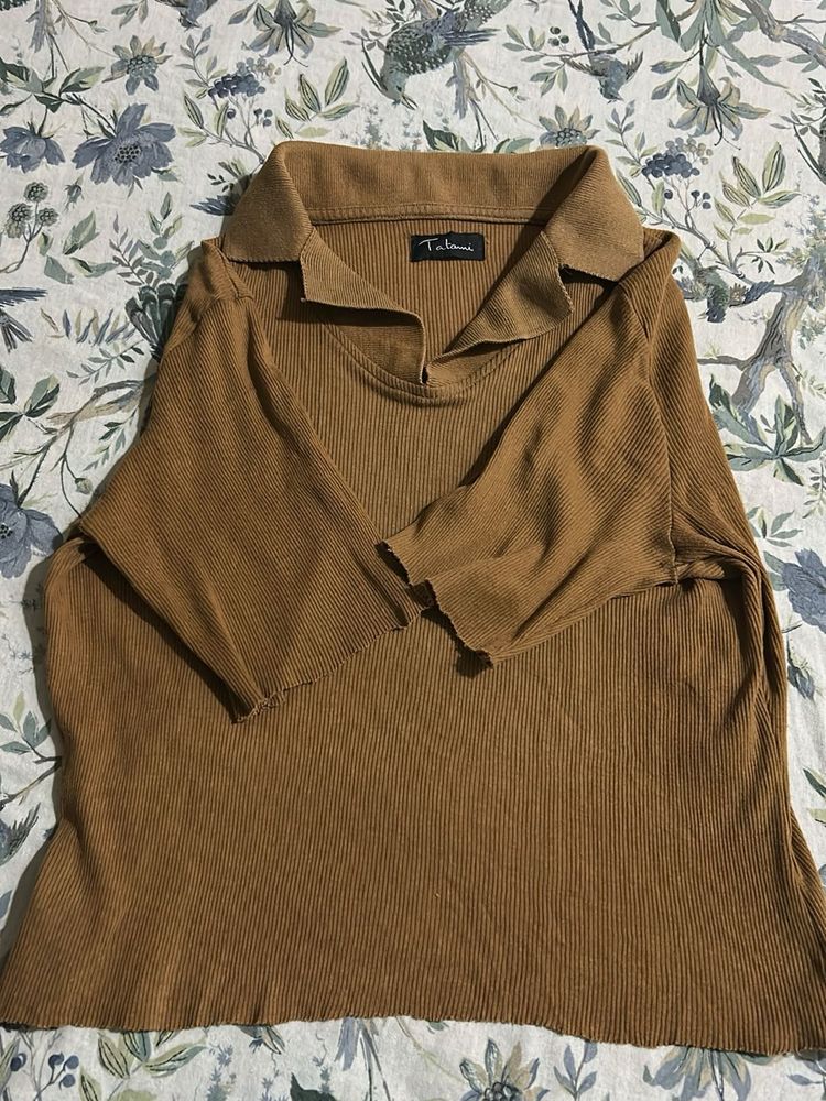 Brown Ribbed Stretchable Top (Can Fit 26 To 36)