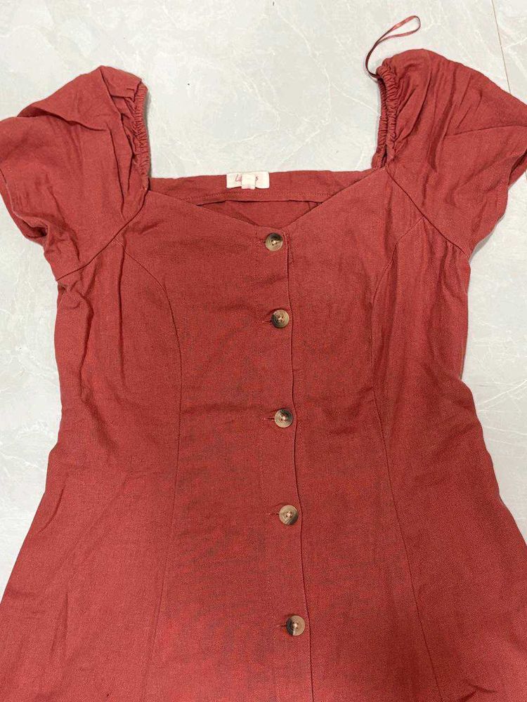 Rust Balloon Sleeves Dress
