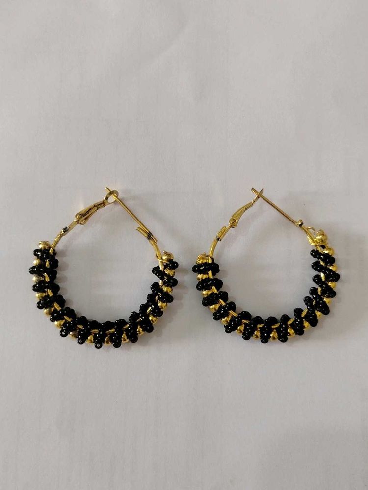 Black &amp; Gold Beaded Hoop Earrings
