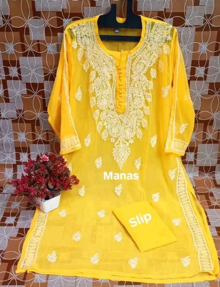 🌼 Elegant Yellow Chikankari Kurti – Handcrafted L