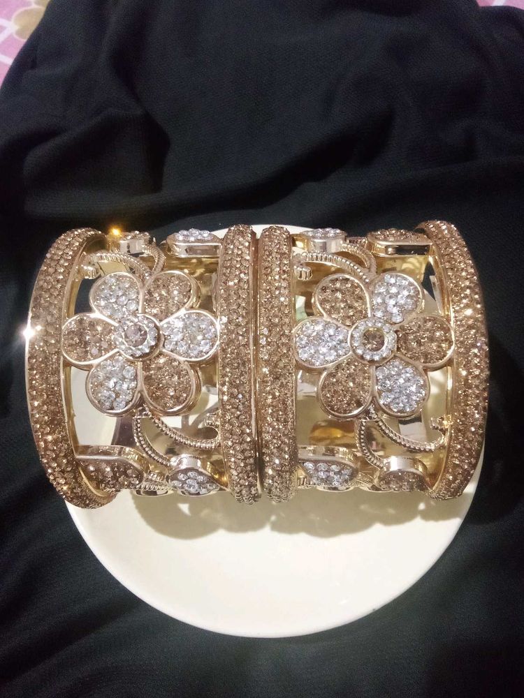 Gold Flower Cuff 2 Bracelet With Crystals
