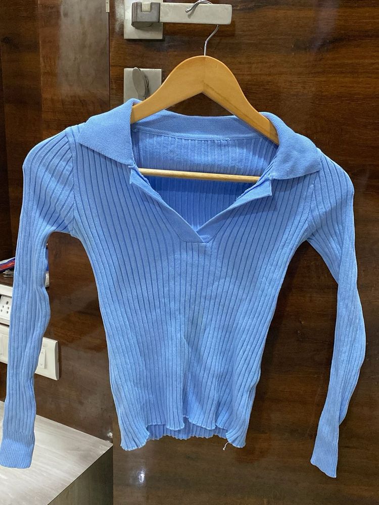 Urbanic Blue Fitted Collared Top