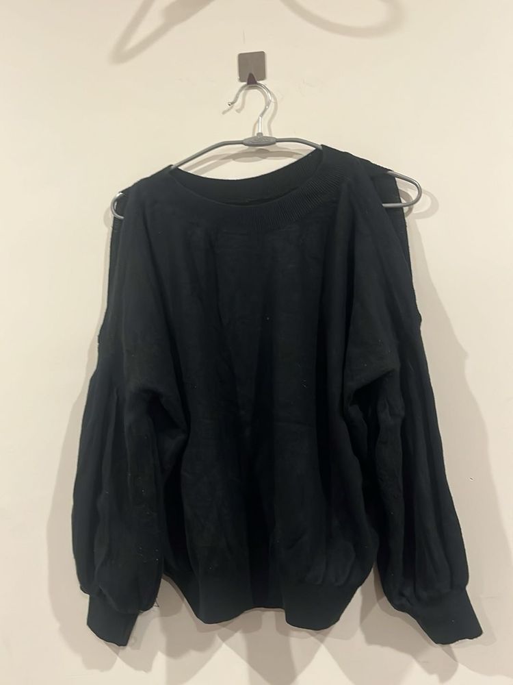 Black Cold Shoulder Balloon Sleeve Top