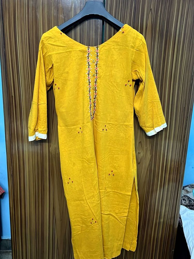 Mustard Embroidered Kurti Set