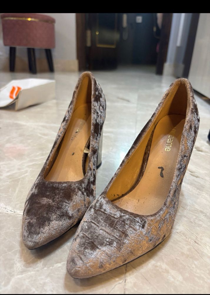 Velvet Rose Gold Block Madame Heels