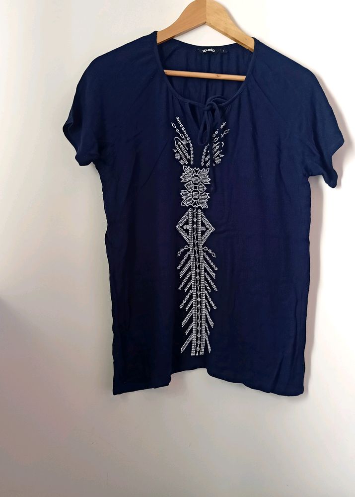 Navy Embroidered Tunic Top