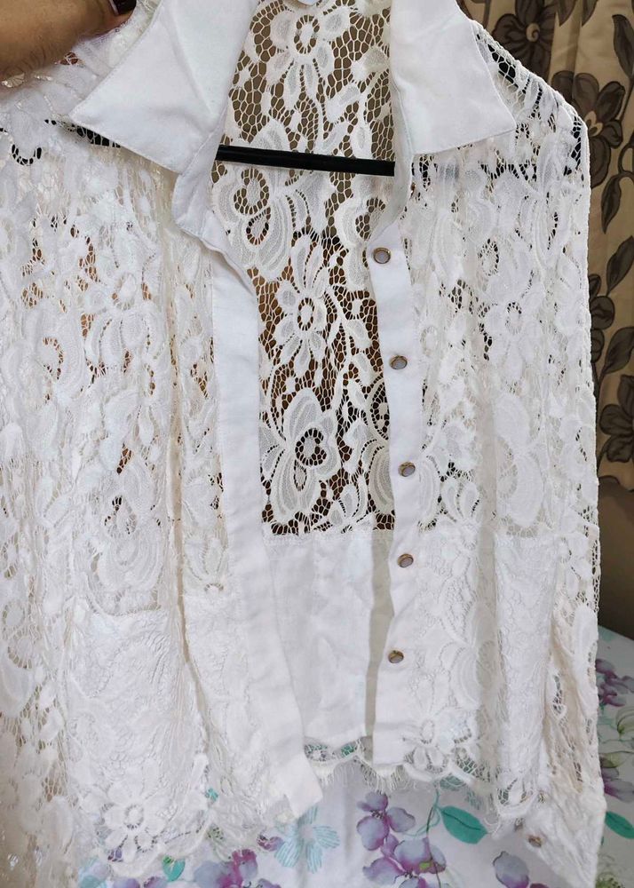 Elegant White Lace Button-Down Shirt for Women