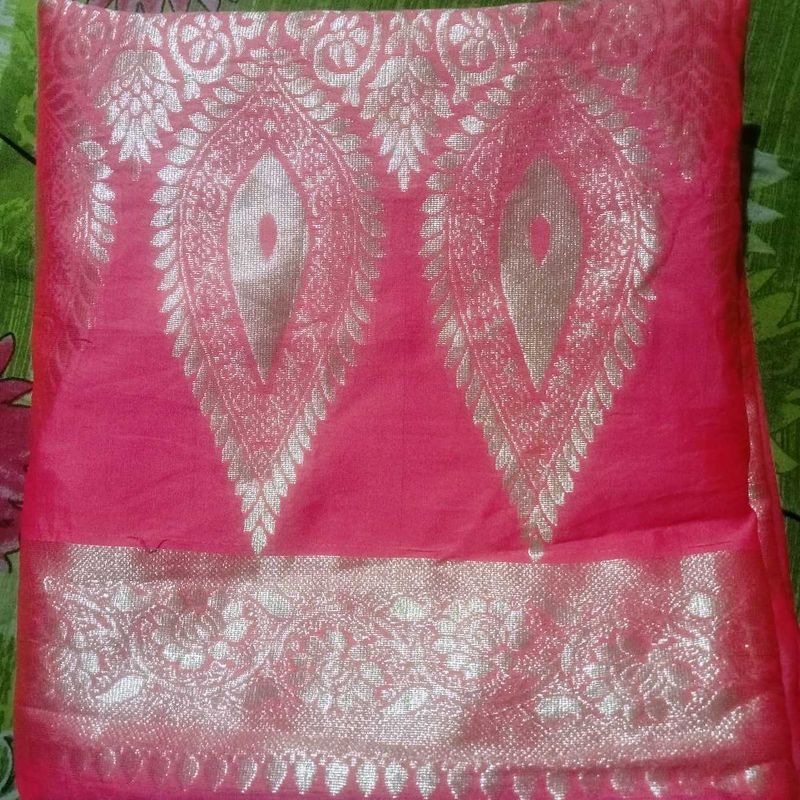 Pink &amp; Gold Banarasi Silk Fabric