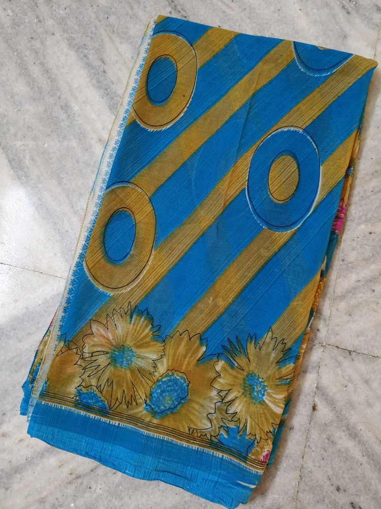 Blue &amp; Gold Patterned Saree