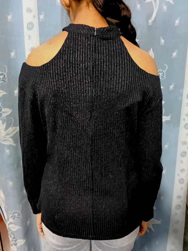 Black Striped Cold Shoulder Top