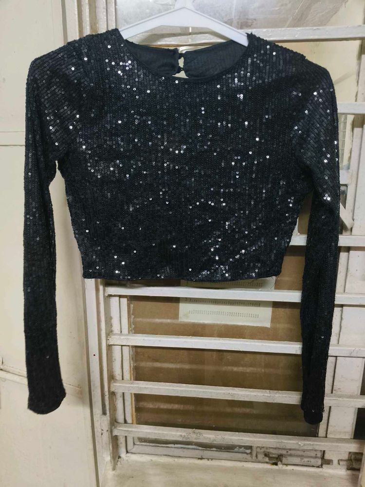 Sequin Long Sleeve Crop Top