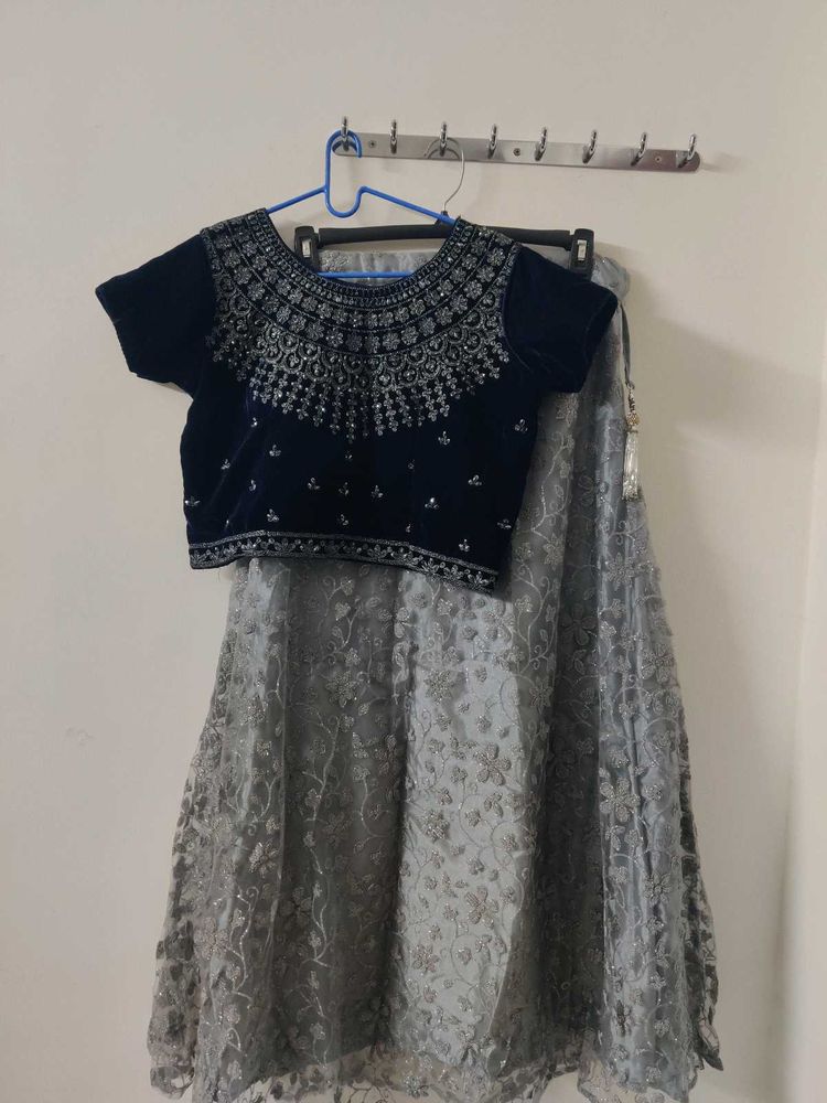 Navy Blue Velvet Embroidered Lehenga Set