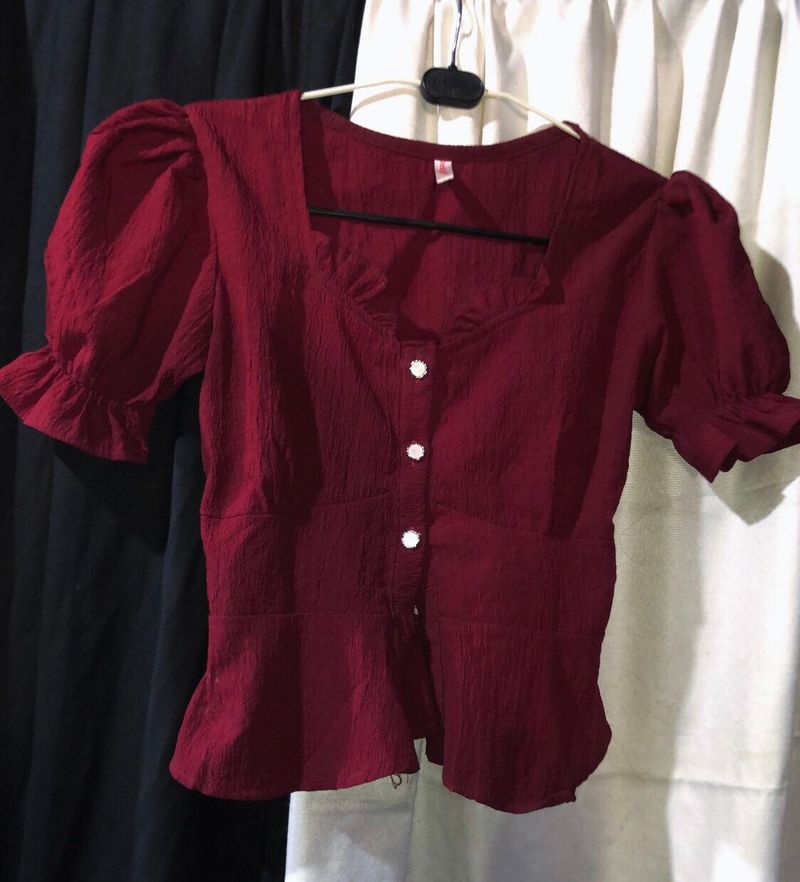 Maroon Puff Sleeve Blouse