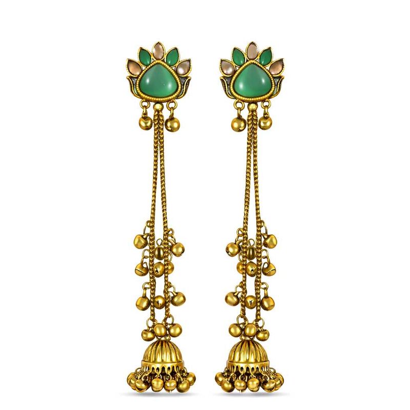 Green &amp; Gold Kashmiri Jhumka Earrings