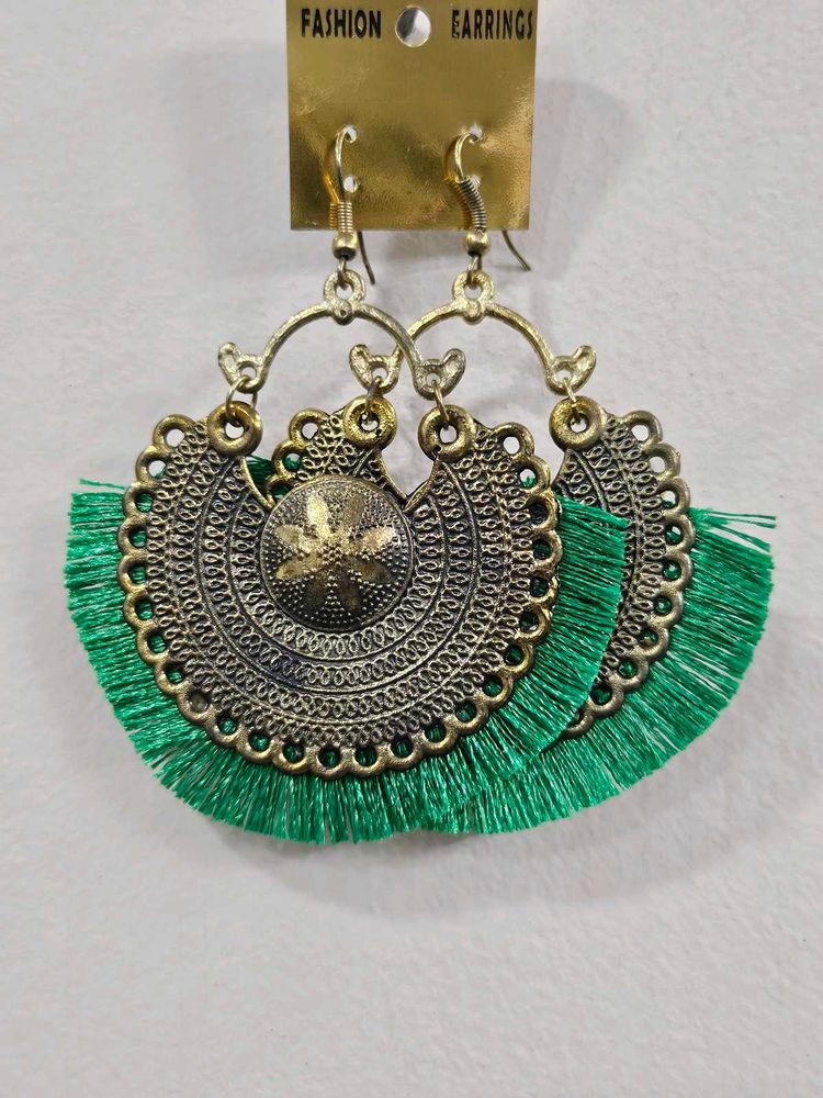 Green Tassel Statement Earrings