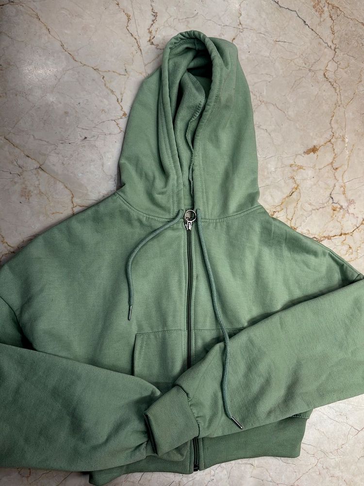 Green Cropped Zip Hoodie
