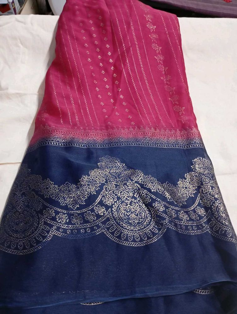 Used Elegant Pink &amp; Navy Blue Saree