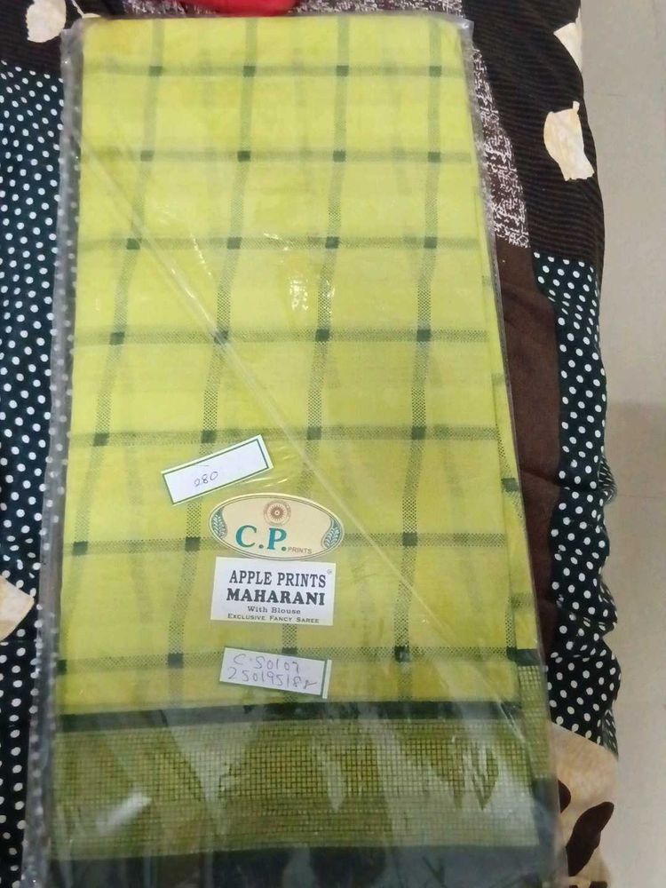 Apple Prints Maharani Yellow Checked Saree