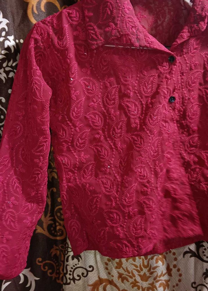 Net Full-Sleeve Crop Shirt