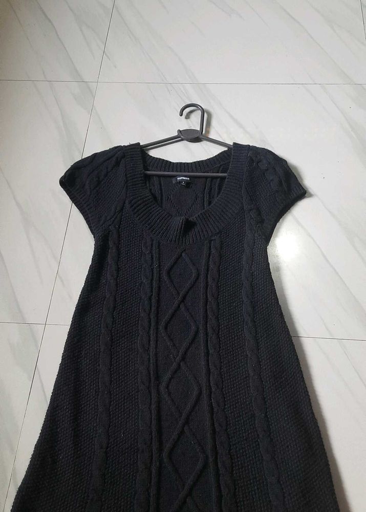 Short Sleeve Cable Knit Merino Wool Blend Dress