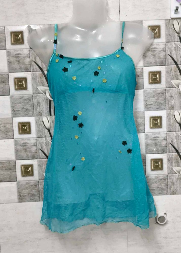 Teal Embellished Spaghetti Top