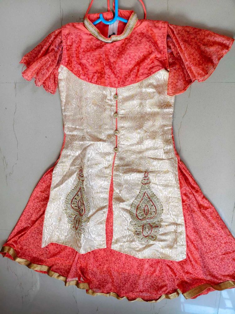 Elegant Traditional Embroidered Dress Peach &amp; Gold