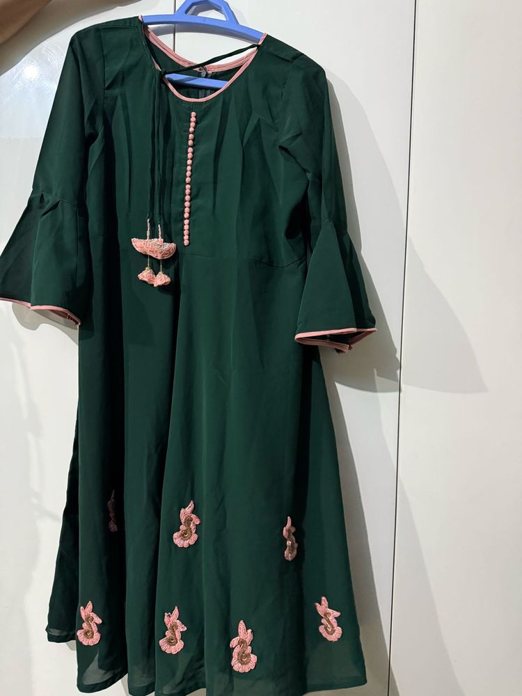 Bottle Green A Line Kurti For Daily Or Festive Use