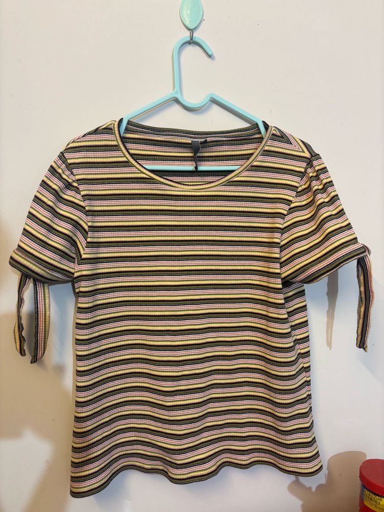 Striped Tee with Tie Sleeves