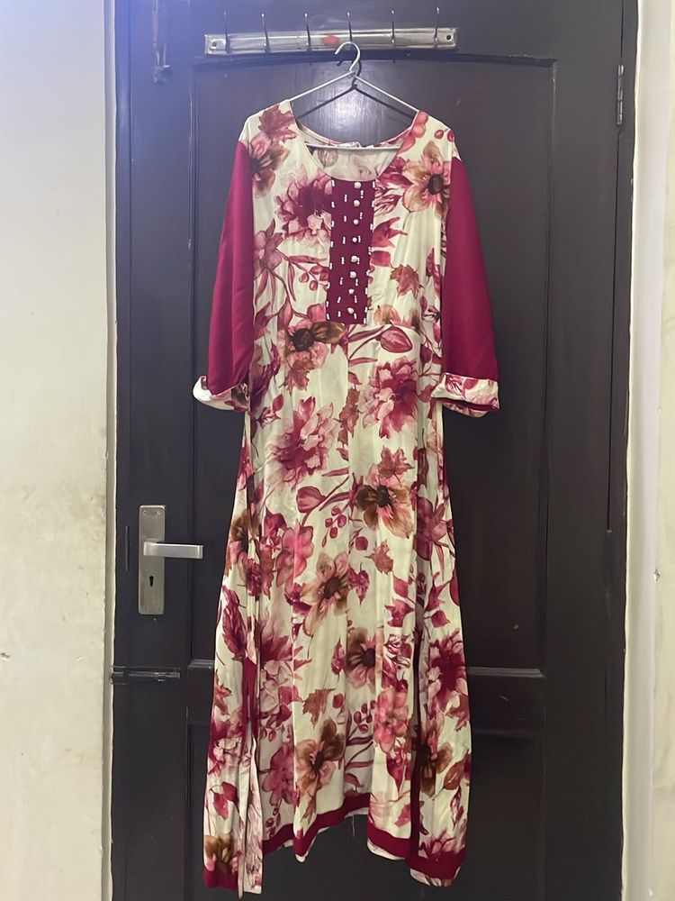 Women Daily Wear Red And White Gown