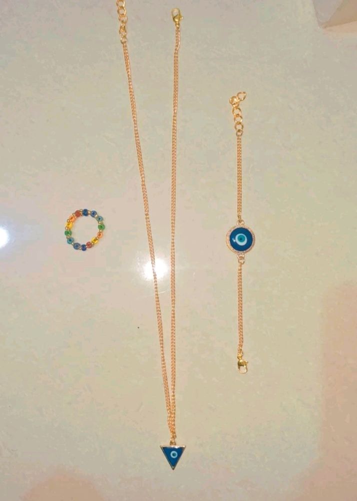 Combo: Evil Eye Pendant Necklace + Bracelet + Ring