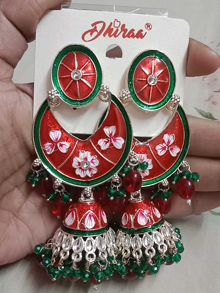 Branded Red And Green Ethnic Jhumkas