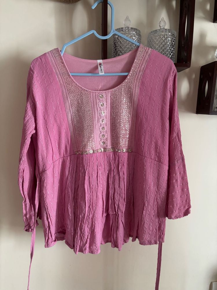 Pink Embellished Peasant Top